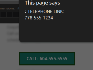 Button with 604 number tapped shows a 778 number in the tel link